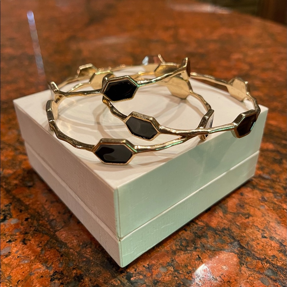Gold tone set of 3 bangles w/black stations